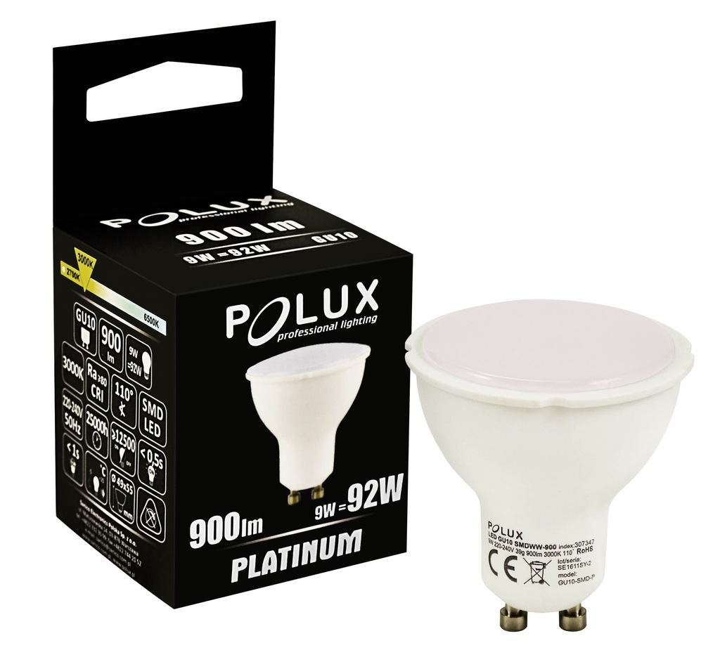 ŻARÓWKA LED GU10 9W CIEPŁA 900LM HALOGEN POLUX SMD