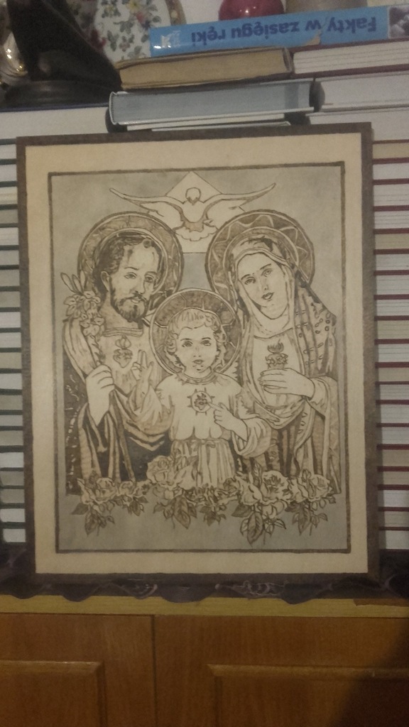 Pirografia-obraz o tem. religijnej -Święta Rodzina