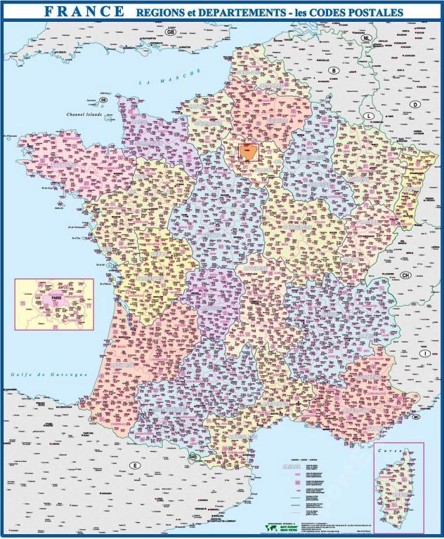 Mapa ścienna Kodowa FRANCJI Kody pocztowe Francja