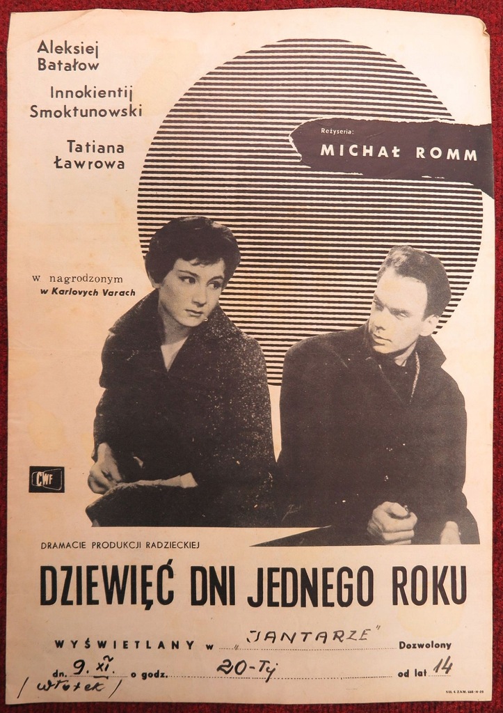Stary plakat filmowy - DZIEWIĘĆ DNI JEDNEGO ROKU