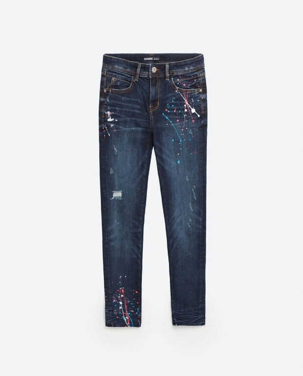 SPODNIE JEANSY ZARA EFEKTEM PLAMY FARBY 36 SKINNY