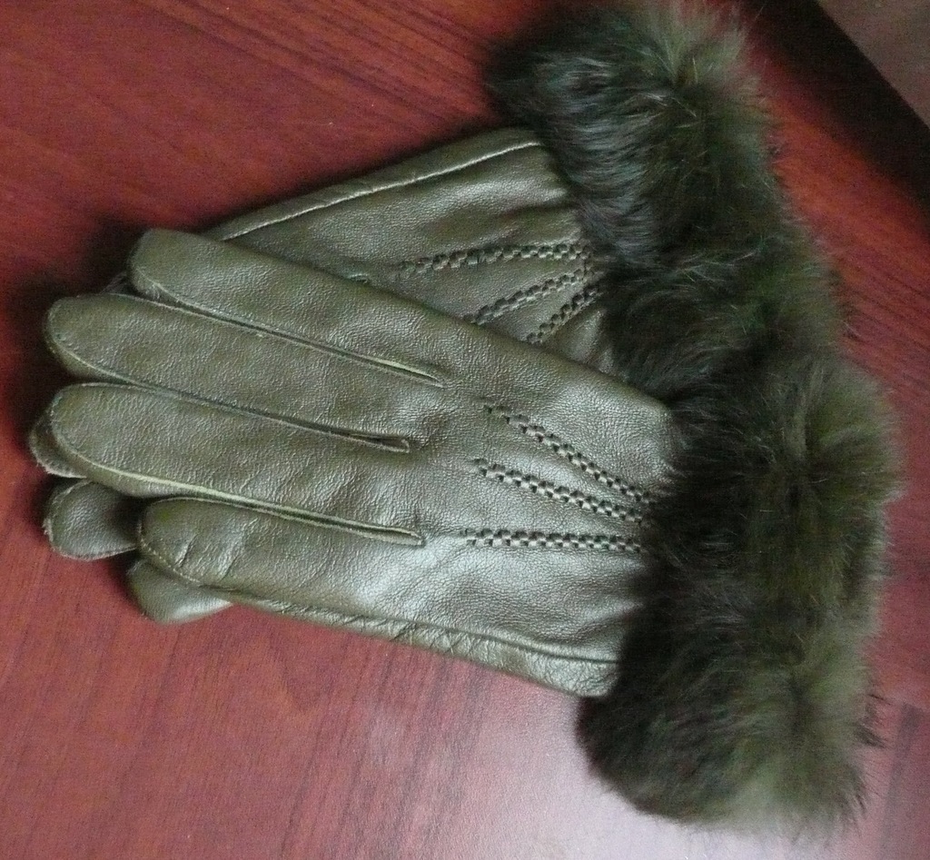 rękawiczki zielone skóra naturalna futerko królik