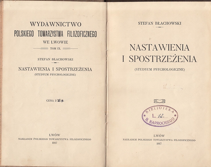 Błachowski -Nastawienia i spostrzeżenia- wyd.1917