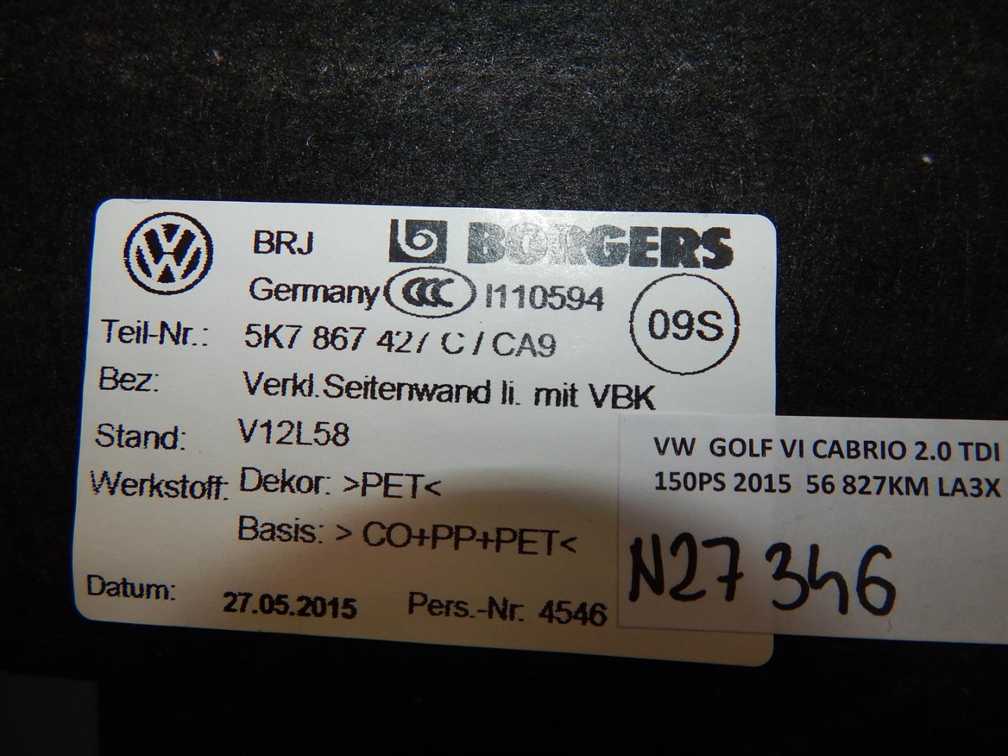 VW GOLF VI boot upholstery left 5K7867427C