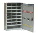 Металлический шкаф для ключей и документов с отделениями.