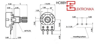 Potencjometr obrotowy 5K Ohm B liniowy l=15mm