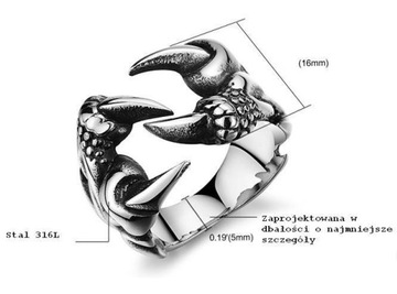 OBRĄCZKA SYGNET PAZUR PAZURY STAL 316L r.18
