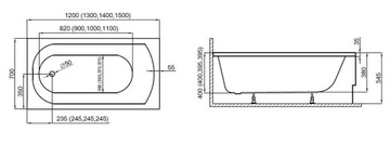 POLIMAT CLASSIC прямоугольная ванна 150x70 экран