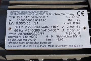 Motoreduktor 0.55kw. 58obr. z hamulcem. Firmy SEW.