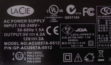 НОВАЯ вилка блока питания LACIE 4PIN 12V 3A / 5V 4.2A FV