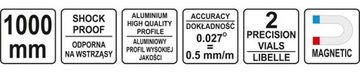 POZIOMNICA ALUMINIOWA MAGNETYCZNA 1000 MM , 2 LIBELLE ,1 UCHWYT YT-30063