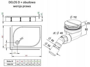 ДУШЕВОЙ ПОДДОН RADAWAY DELOS D 100x75 RH+OBUD+SY