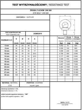 ВИНТ С УШКОЙ DIN 580 М16 - 1 шт./СЕРТИФИКАТ.