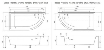 Угловая акриловая ванна 140х70 Корпус сифона ПРАКТИКА