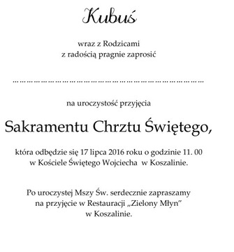 ZAPROSZENIE NA CHRZEST DLA RODZICÓW CHRZESTNYCH