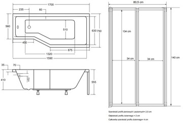 INTEGRA ВАННА 170x75 ПРАВАЯ + КОРПУС + СИФОН + ЭКРАН 2-S