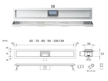 SANITLINE Линейный слив 100см, низкий сифон, 52мм HQ