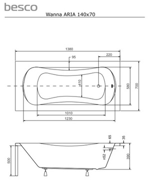 ВАННА 140x70 Каркас сифона BESCO ARIA ножки