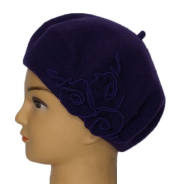 Beret wełniany100% Woolmark fiolet frezja 14