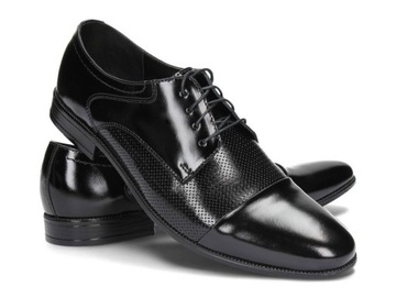 Półbuty Męskie Buty Wizytowe Czarne Skóra Naturalna Połysk 323/4 Rozmiar 45