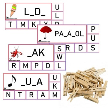 JAKIEJ LITERY BRAKUJE? Klamerkowe zadania dla dzieci 36 kart + 5 klamerek