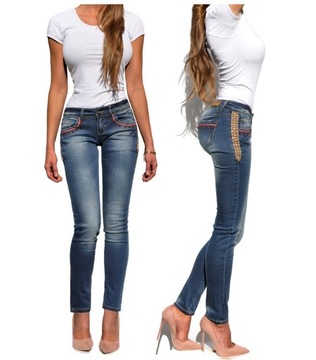 RE419 LAMPASY koraliki SPODNIE JEANS L /29