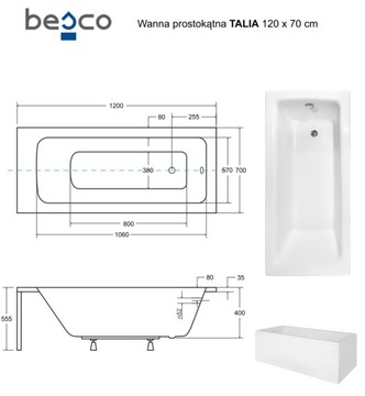 Польская ванна 120x70 + каркас ножек Talia Besco PMD