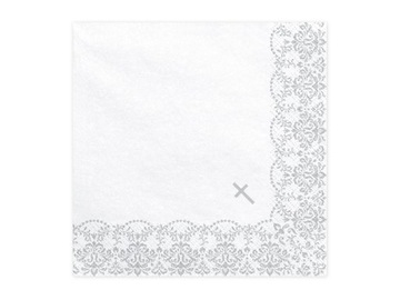 Serwetki na komunię komunijne białe ornament srebrny 33x33cm 20 sztuk