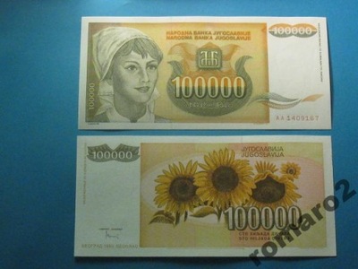 Jugosławia 100000 Dinara AA !! 1993 P-118 UNC