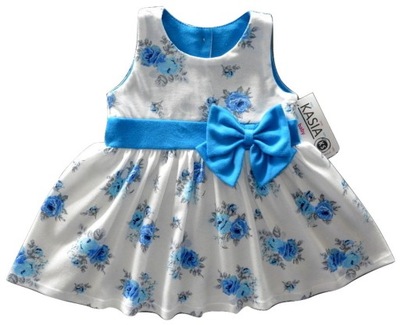 Elegancka sukienka niebieskie różyczki kokarda 116