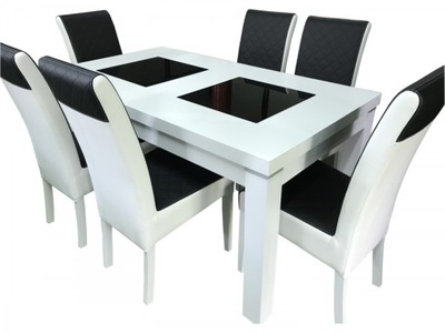 Biały zestaw stół z szybą 90/160/240cm+6 KRZESEŁ