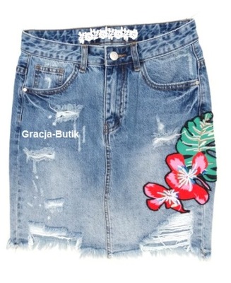 Włoska jeansowa spódnica dziury kwiaty haftowana S