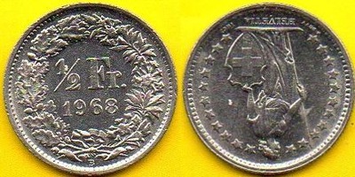 SZWAJCARIA 1/2 Franc 1968 r.
