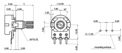 Поворотный потенциометр B50k 50 кОм линейный FV(0145