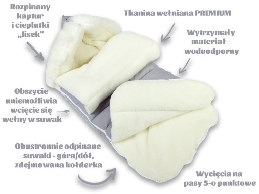 KiziaMizia ШЕРСТЯНОЙ СПАЛЬНИК ДЛЯ САНОК КОЛЯСКИ 100 СМ
