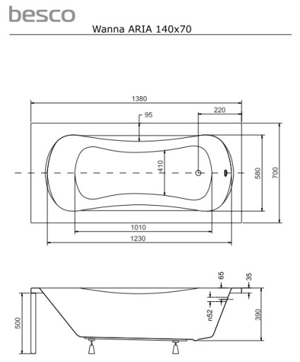 ВАННА 140x70 Каркас сифона BESCO ARIA ножки