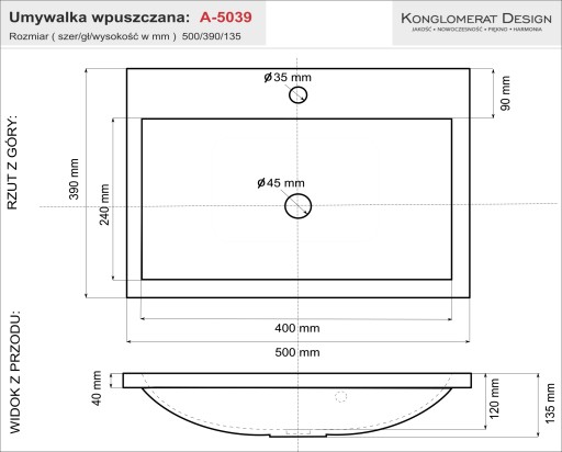 ASTO умывальник 50х39 белый, встраиваемая глубокая чаша