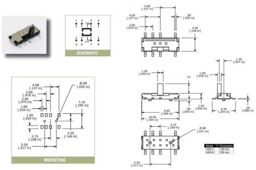 Przełącznik suwakowy SMD 10x3,5x2mm 8 pin / 3 pozycje /2301