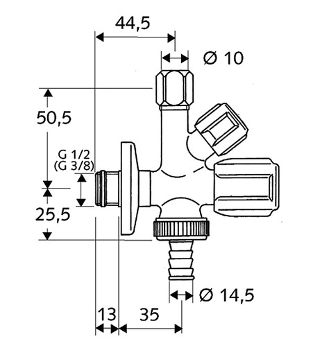 КОМБИНИРОВАННЫЙ УГЛОВОЙ КЛАПАН SCHELL 1/2 x 3/8 x 3/4