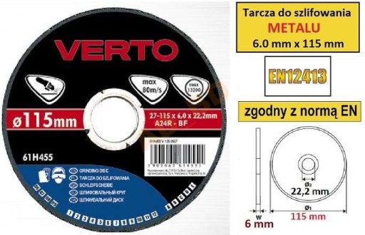 Tarcza do szlifowania metalu 6.0 x 115 mm 61H455