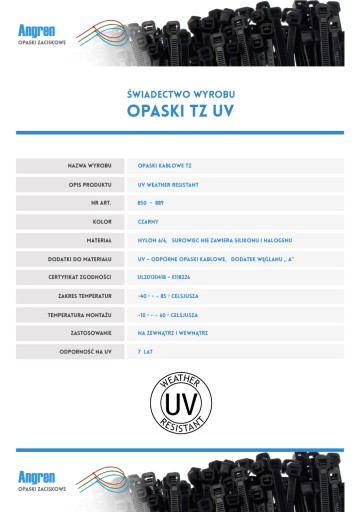 Opaski zaciskowe z certyfikatem UV 300mm x 8mm Cz