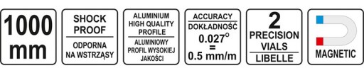 POZIOMNICA ALUMINIOWA MAGNETYCZNA 1000 MM , 2 LIBELLE ,1 UCHWYT YT-30063