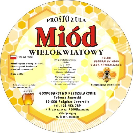 Etykiety samoprzylepne na miód/Logo+ dane adresowe
