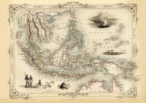 PÓŁWYSEP MALAJSKI mapa ilustrowana 1851 r. płótno