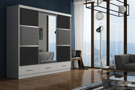Szafa Trzydzwiowa Przesuwna Wysoki Połysk Biała 250x216 cm z Lustrem Remax