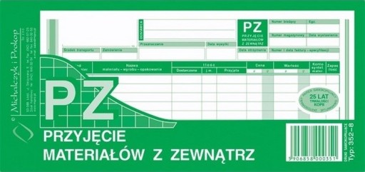 PZ Przyjęcie materiału z zewnątrz 1/3 A4 352-8 80k