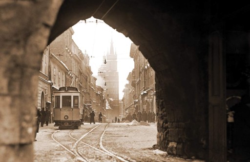 Tramwaj, Kraków zdjęcie 1939r na płótnie 40x26cm