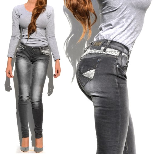 RE421 SPODNIE JEANS SZARE azteckie DŁUGIE S /27